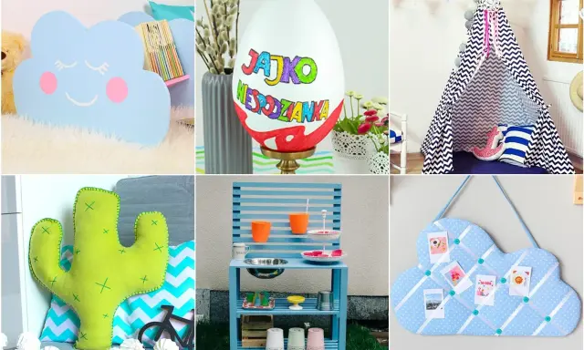 Sześć zdjęć z pomysłami na prezenty DIY dla noworodka: chmurka, jajko, tipi, kaktus, kuchnia i tablica.