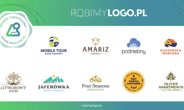 Kolekcja logotypów z różnorodnymi kolorami logo, od turkusowego po złoty, prezentująca realizacje dla branży turystycznej i hotelarskiej.