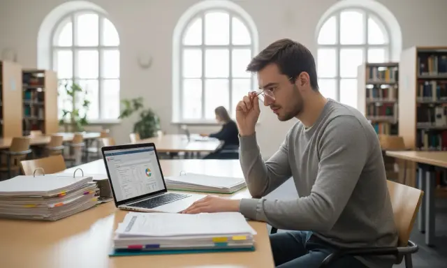 Młody mężczyzna w okularach analizuje dane na laptopie w bibliotece. Może to być jego sposób na poradzenie sobie ze zmianą uczelni z niezaliczonym przedmiotem.