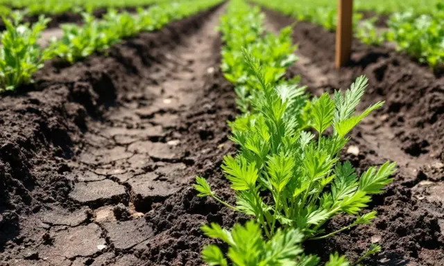 Jeunes semis de panais dans un champ, alignés en rangées sur un sol sombre et craquelé.