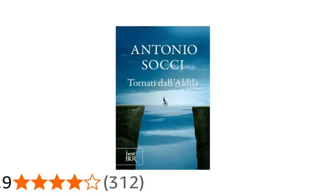 Copertina libro "Tornati dall'Aldilà" di Antonio Socci. Un funambolo su monociclo attraversa un baratro tra due rocce.