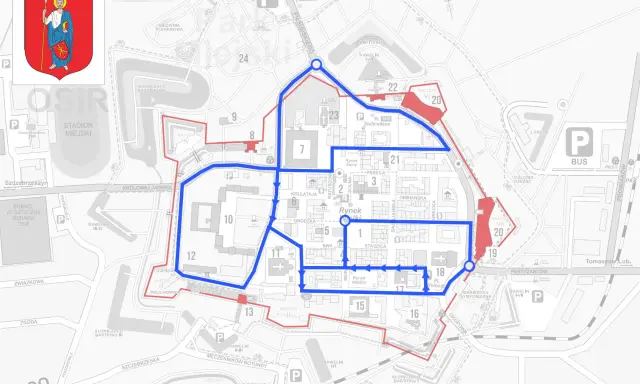 Mapa pokazuje, gdzie leży Zamość, z zaznaczoną trasą spacerową po fortyfikacjach i Starym Mieście.