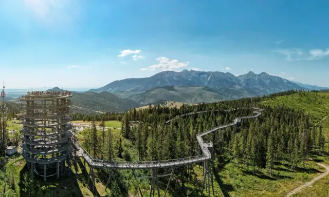 Spacer w chmurach Zakopane: drewniana wieża widokowa i ścieżka w koronach drzew pośród zielonych lasów i gór.