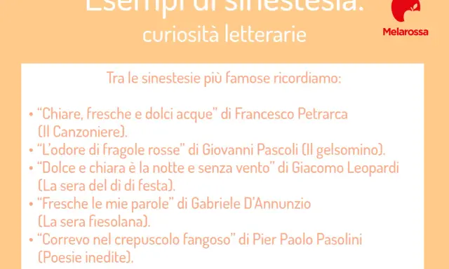 Esempi di sinestesia: "Chiare, fresche e dolci acque" di Petrarca, "L'odore di fragole rosse" di Pascoli, "Dolce e chiara è la notte" di Leopardi.
