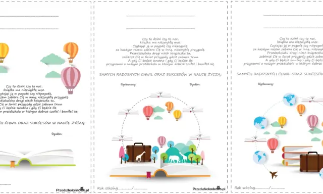 Wkładki do książek do edycji z motywem podróży i nauki. Balony, globusy i walizka symbolizują przygody, które czekają na dzieci w świecie książek.