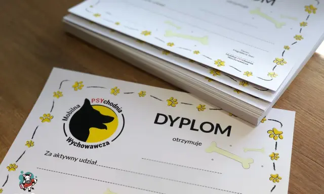 Stos dyplomów na satynowym papierze z motywem psich łapek i kości. Idealne dla psich przedszkoli i szkółek.