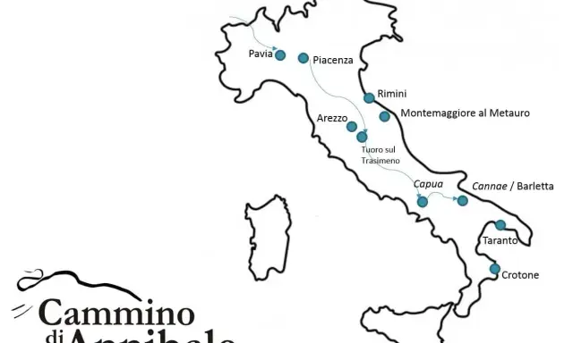 Mappa del Cammino di Annibale, che ripercorre le tappe storiche in Italia da Pavia a Crotone, passando per Piacenza, Rimini, Arezzo e Capua.
