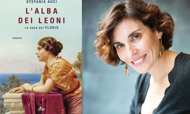 Stefania Auci, autrice del nuovo libro "L'Alba dei Leoni", sorride in primo piano accanto alla copertina del suo romanzo.