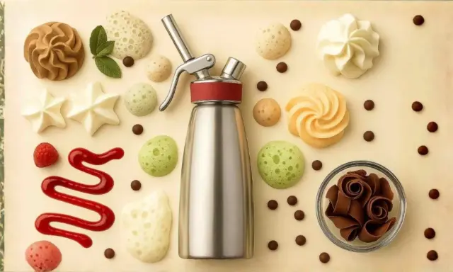 Un sifón de metal plateado con detalles rojos, rodeado de dulces y decoraciones de repostería, como galletas, merengues y chocolate.