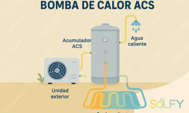 Diagrama de una bomba de calor para agua caliente sanitaria (ACS). Muestra una unidad exterior, un acumulador ACS y un sistema de suelo radiante, con flechas indicando el flujo de agua caliente.