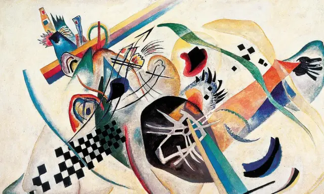 Abstrakte Kunst Beispiele: Ein dynamisches Zusammenspiel von Formen und Farben, das an eine Explosion von Gefühlen erinnert.