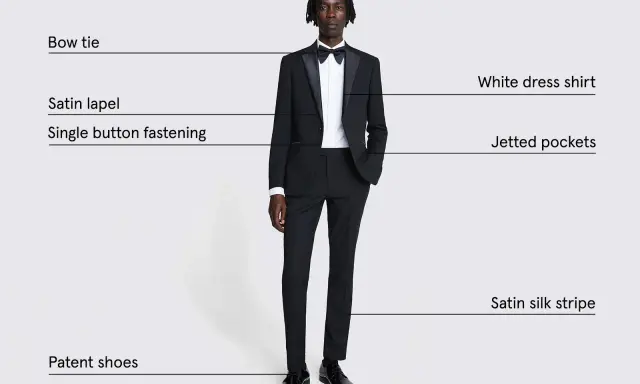 A man models a classic tuxedo: black jacket with satin lapel, white shirt, bow tie, trousers with satin stripe, and patent shoes. This is what a tuxedo is.
