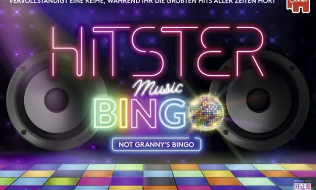Gra neonowa "Hitster Music Bingo" z głośnikami i dyskotekową kulą. Gra dla fanów muzyki, którzy chcą się bawić przy największych hitach.
