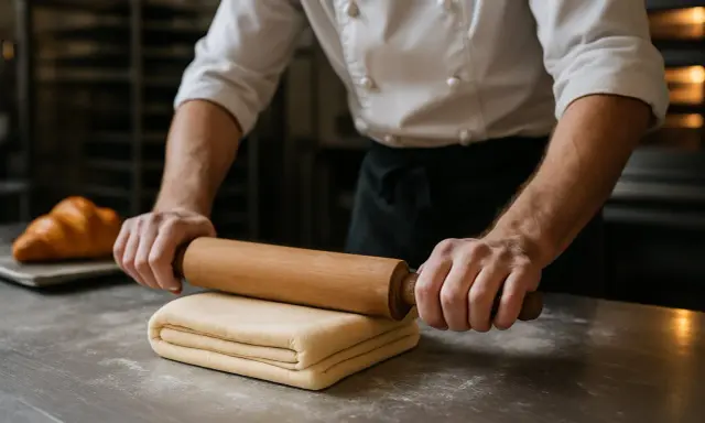 Un boulanger prépare une pâte feuilletée pour une recette, avec un croissant en arrière-plan.