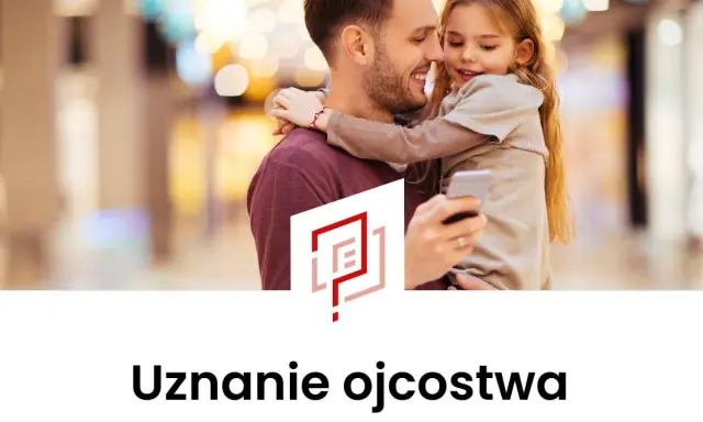 Ojciec z córką, która obejmuje go, patrzą na telefon. To obraz radości i miłości, symbolizujący uznanie ojcostwa przed porodem.