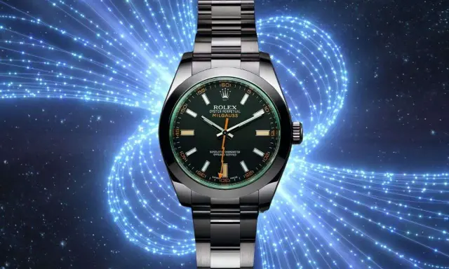 Orologio Rolex Milgauss, un esempio di orologi antimagnetici, con quadrante verde e sfondo blu elettrico.