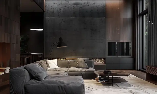 Salon moderne avec canapé gris, table basse design et éclairage tamisé. Une ambiance feutrée synonyme de détente.