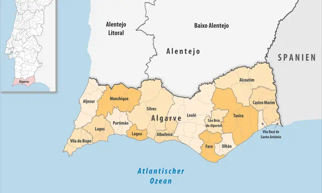Karte von Portugal mit hervorgehobener Region Algarve. Faro liegt an der Südküste, östlich von Loulé und westlich von Olhão.