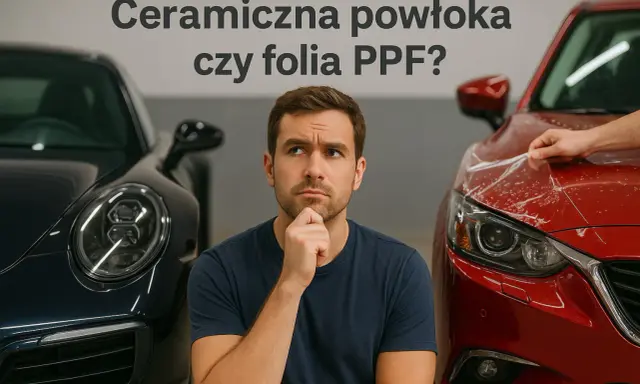 Mężczyzna zastanawia się nad wyborem między ceramiczną powłoką a folią PPF do ochrony lakieru samochodowego.