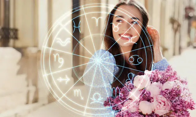 Uśmiechnięta Panna z bukietem kwiatów, otoczona magicznym kołem zodiaku. Sprawdź swój horoskop tygodniowy Panna!