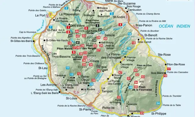 Mapa Reunion: podróż po wyspie, od wybrzeża po wulkany. Odkryj punkty widokowe, plaże i szlaki.