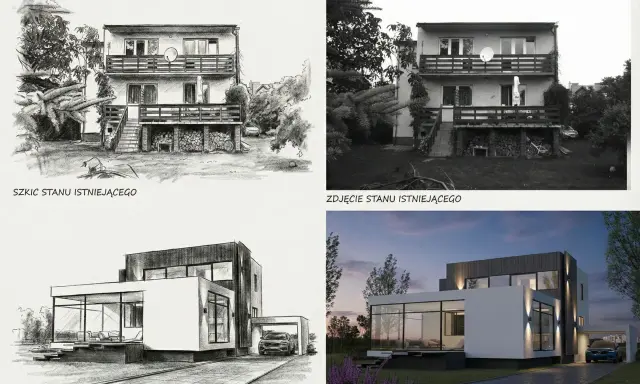 Metamorfoza domu: szkic starej kostki, zdjęcie starej kostki, szkic nowej koncepcji i wizualizacja nowoczesnego domu po metamorfozie.