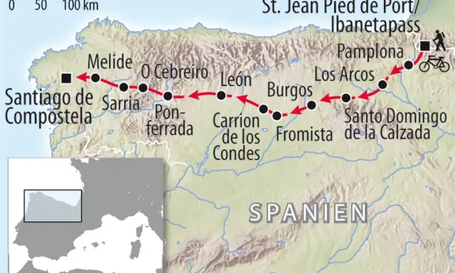Karte des Jakobswegs mit Fahrradsymbolen. Die Route führt von St. Jean Pied de Port über Pamplona, Burgos, León nach Santiago de Compostela.