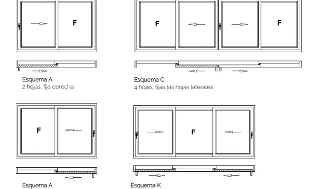 Diagramas de **detalle ventana corredera** con diferentes configuraciones de hojas fijas y móviles.