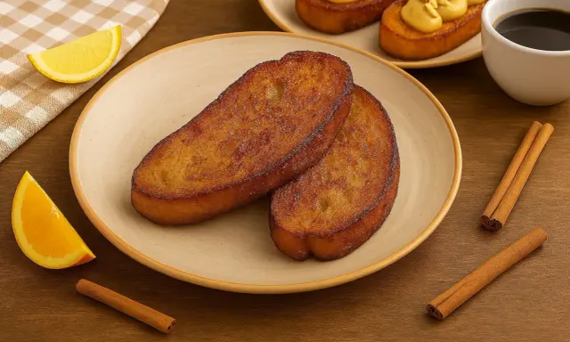 Dos torrijas doradas en un plato, acompañadas de gajos de naranja y limón, canela y café. ¡La mejor receta de torrijas!