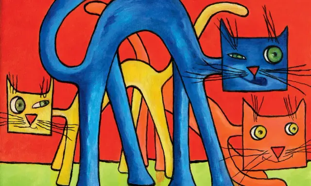 Gatti stilizzati in blu, giallo e arancione su sfondo rosso e verde. I colori complementari creano un effetto vibrante e giocoso.