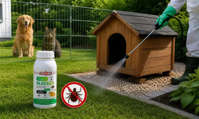 Skuteczne domowe sposoby na kleszcze u psa: oprysk budy i trawnika preparatem Insect Blocker. Pies i kot obserwują z bezpiecznej odległości.