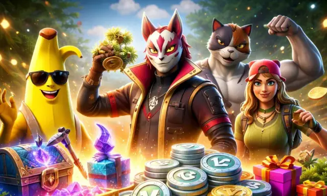 Postacie z Fortnite, banan w okularach, lis w masce i kot, trzymają monety i prezenty. Szukasz kodów do Fortnite na V-dolce?