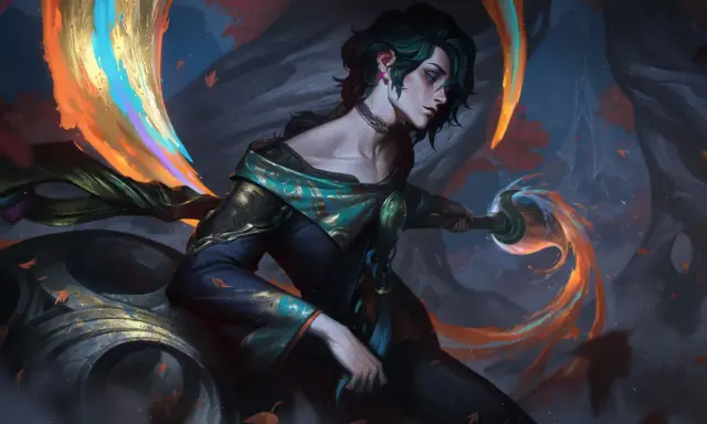 Hwei z League of Legends, artysta tworzący magią kolorów, otoczony jesiennymi liśćmi i płomieniami.