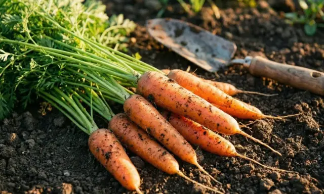 Carottes fraîchement récoltées sur la terre, prêtes pour la prochaine saison. Savoir quand semer les carottes est essentiel pour de beaux légumes.