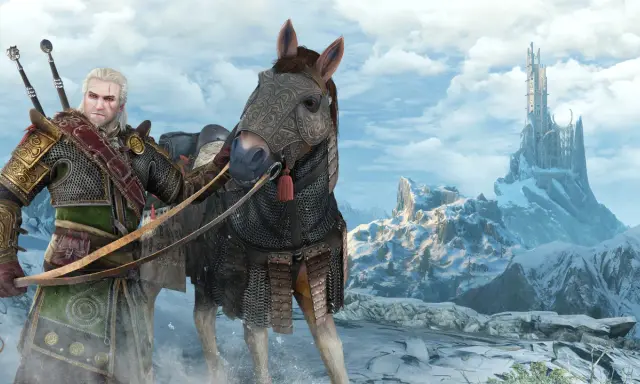 Geralt w zbroi, która wygląda jak najlepszy rynsztunek z Wiedźmina 3, na tle zimowego krajobrazu z zamkiem na górze.