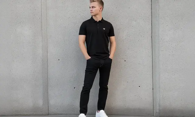 Młody mężczyzna w czarnej koszulce polo i jeansach pokazuje, jak nosić koszulkę polo na co dzień.