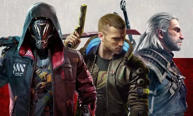 Trzech bohaterów z gier CD Projekt RED: V z Cyberpunk 2077, Geralt z Wiedźmina i postać z nadchodzącej gry. Duma polskich gier.
