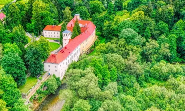 Zamek na skale w Trzebieszowicach, otoczony bujną zielenią, malowniczo wznosi się nad rzeką.