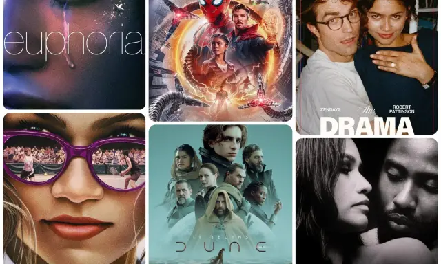 En kollage av filmer och tv-program med Zendaya: Euphoria, Spider-Man: No Way Home, The Drama, Dune och Malcolm & Marie.