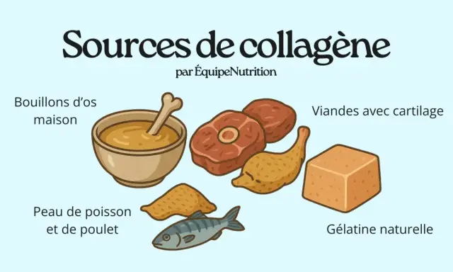 Sources de collagène : bouillons d'os, viandes avec cartilage, peau de poisson/poulet, gélatine naturelle. Découvrez les bienfaits du collagène !
