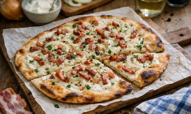 Une délicieuse flammekueche, garnie d'oignons et de lardons, prête à être dégustée. Parfait pour une recette facile et savoureuse.
