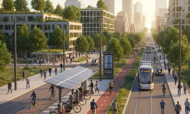 Ejemplos de movilidad sostenible: tranvía, bicicletas, coches eléctricos y edificios verdes en una ciudad futurista.
