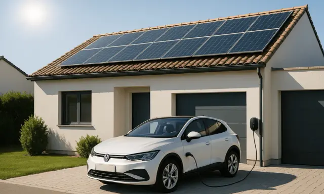 Coche eléctrico blanco cargando en casa con placas solares en el tejado.