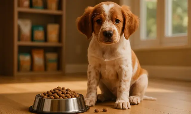 Adorable chiot Epagneul Breton, prêt à déguster sa gamelle. Une alimentation saine pour un chien plein de vie.