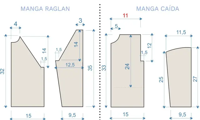 Patrones para tejer jersey niño 4 años: manga raglán y manga caída, con medidas detalladas.