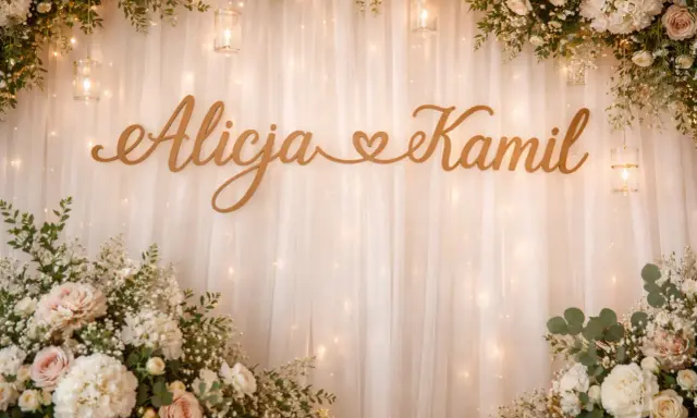 Drewniane imiona na ściankę weselną: Alicja i Kamil, ozdobione kwiatami i światełkami.