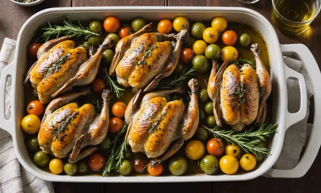 Cinq coquelets au four dorés, accompagnés de tomates cerises multicolores et de romarin frais, dans un plat blanc.
