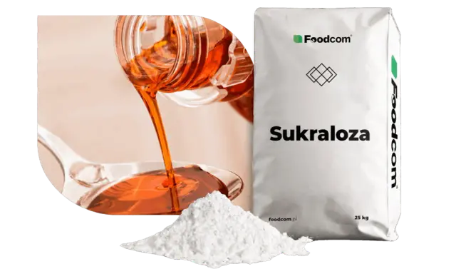 Płynna i proszkowa sukraloza, słodzik. Czy sukraloza jest szkodliwa? Worek z napisem "Sukraloza" i logo Foodcom.
