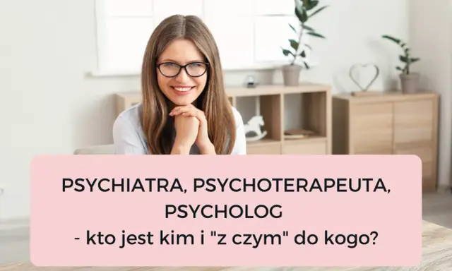 Uśmiechnięta kobieta w okularach wyjaśnia różnice między psychiatrą, psychoterapeutą i psychologiem. Terapia psychologiczna a psychoterapia - kto jest kim?