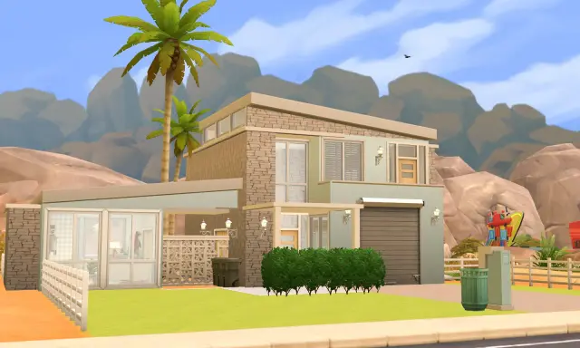 Nowy dom w The Sims 4, z palmami i pustynnym krajobrazem w tle. Idealny, by wykorzystać kod na wszystkie parcele w The Sims 4!